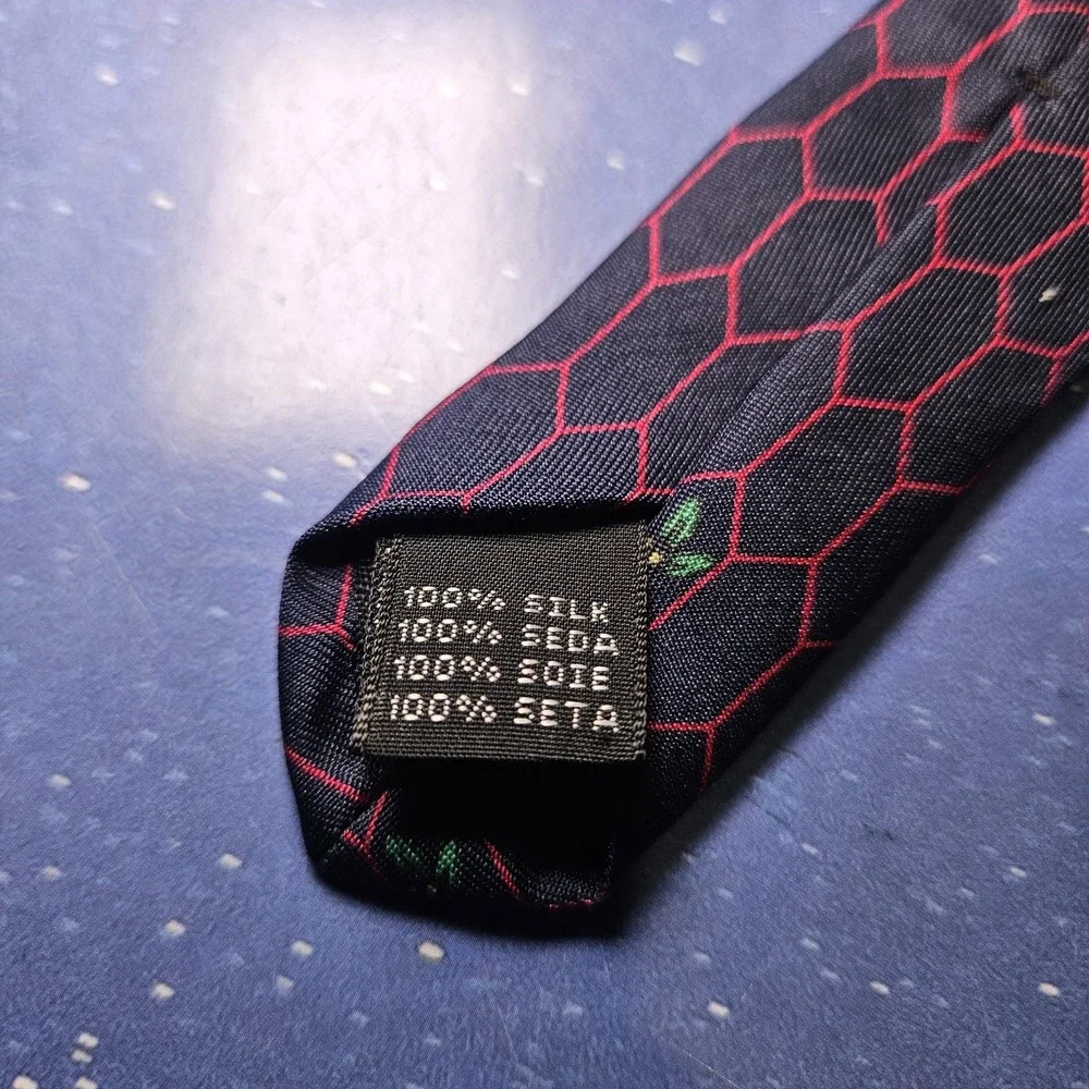 Enzo Necktie Mens‎ OS Navy Red Honeycomb Geometric Floral 100% Silk Made in USA